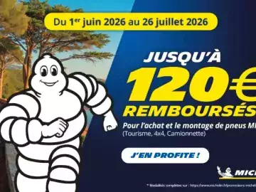 Jusqu’à 120€ remboursés sur vos pneus MICHELIN*

📅 du 1er juin au 26 juillet 2026
🚗 pour l'achat et le montage d'au moins 2 pneus MICHELIN
➡️ Dans notre...