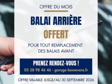 ✨ Offre du mois ✨

Pour tout remplacement de vos balais d'essuie-glace avant, le balai arrière est OFFERT* 🎁

Roulez en toute sécurité avec une visibilité...