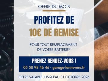 ✨ Offre du mois ✨

Profitez de 10€ DE REMISE pour tout remplacement de votre batterie* ! 🎁

Évitez la panne surprise et roulez l'esprit tranquille🔋...
