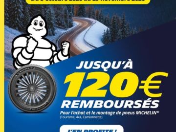 💰 Jusqu’à 120 € remboursés : équipez-vous avant l’hiver avec MICHELIN !

Pour l’achat et le montage de 2 ou 4 pneus MICHELIN* dans notre atelier (Tourisme,...
